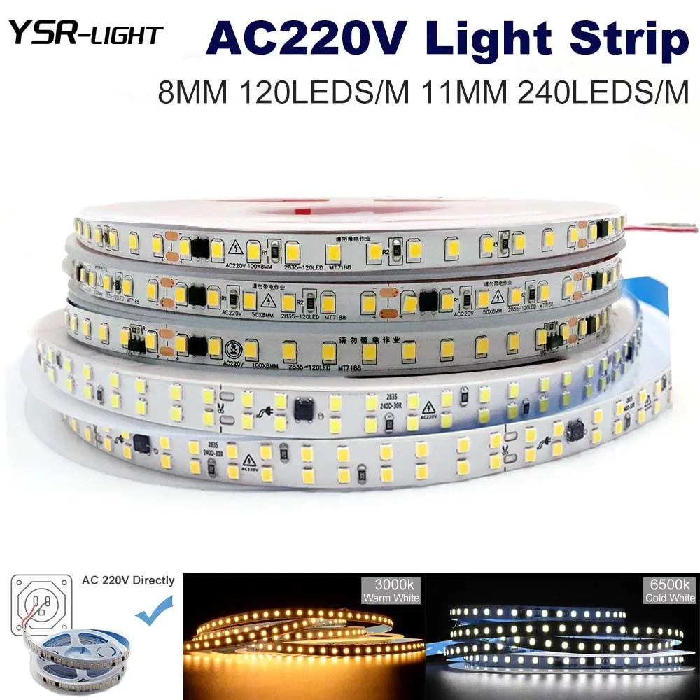 Ac220v הוביל רצועה 10m 20m 3000/6500k לבן smd2835 8 מ 