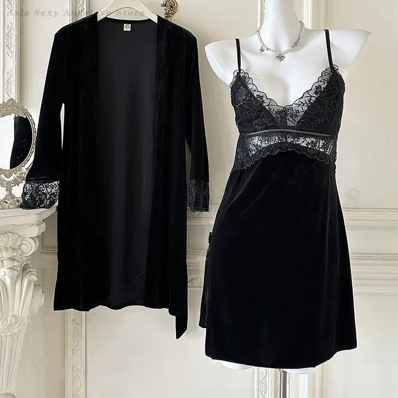 Weibliche Spitze Twinset Robe Set Schwarz Samt Hosenträger Nachthemd Dessous Herbst Bademantel Kimono Kleid Nachtwäsche Lose Hause Kleid