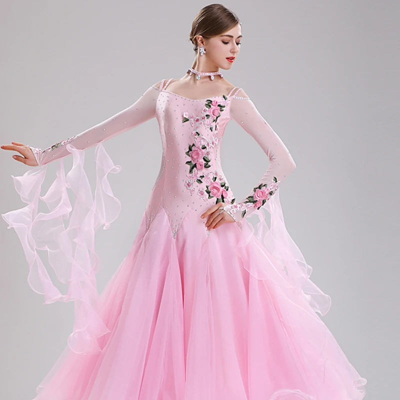 

Women V-back Pink Ballroom Dress Standard Plus Size Ballroom Dance Costume Viennese Waltz Dress Foxtrot Dance Wear Quickstep