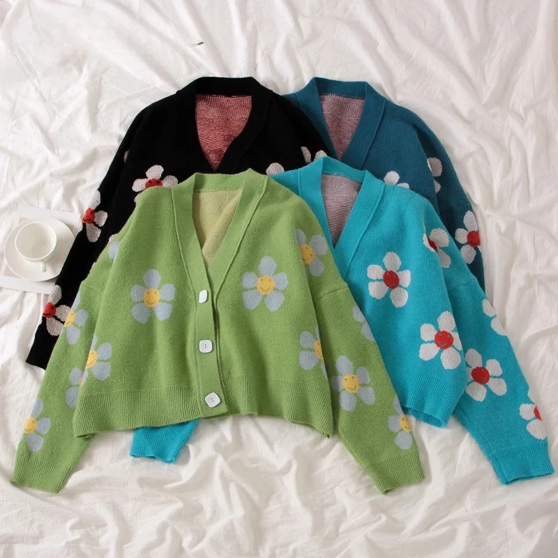 Preppy-Stil Blumen-Strickjacke für Damen, V-Ausschnitt, locker geschnitten, elegant, dick, bedruckt, kurzer Freizeitmantel