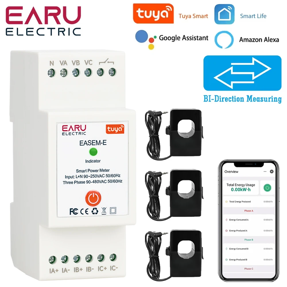 TUYA WiFi Smart Three Phase AC90-480V Bi-Directional Measurement Power Energy kWh Meter Monitor with 3PCS CT Clamps Switch Relay