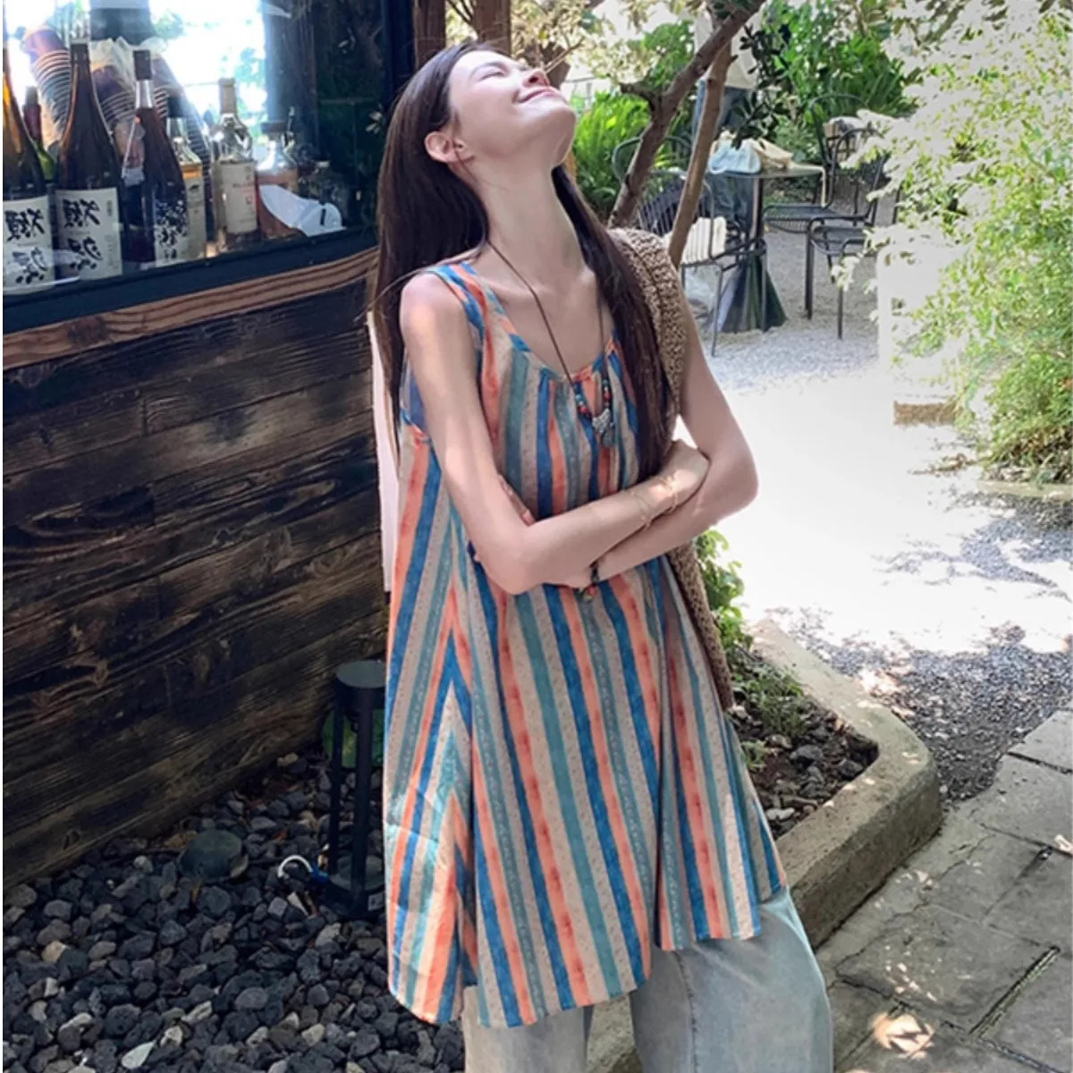 سترة نسائية صيفية بتصميم فريد من نوعه ميدي دكتور مخططة بألوان متباينة Dr Commute Sle مستديرة Ne A-Line