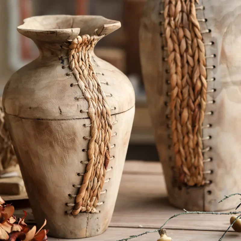 

Vintage wooden mixed flower device, retro living room solid wood vase ornament