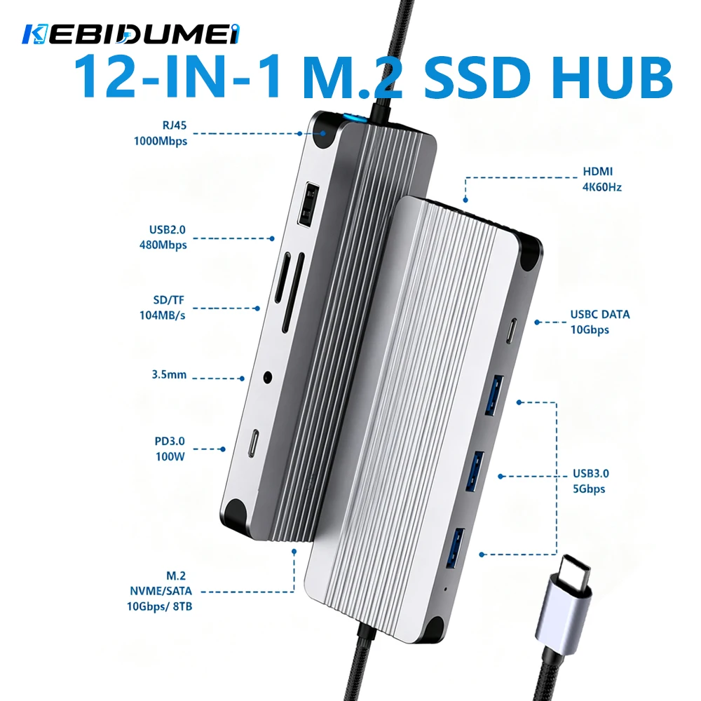 KEBIDUMEI 12 In 1 M.2 SSD Enclosure Docking Station USB 3.0 HUB M.2 NVMe SATA SSD Dual Protocol Adapter 4K60Hz 1000M For Laptop