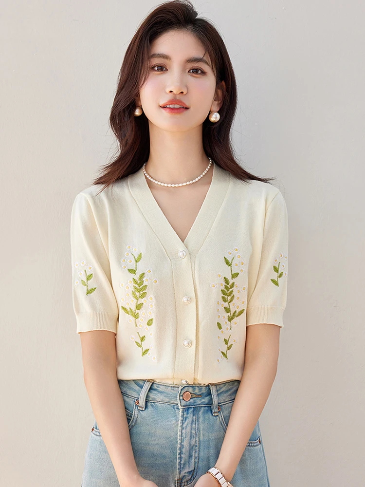 2024 Summer New Embroidery Knitted Cropped Cardigan Women V-neck Single Breasted Short Sleeve Sweater Casual Knitwear Tops