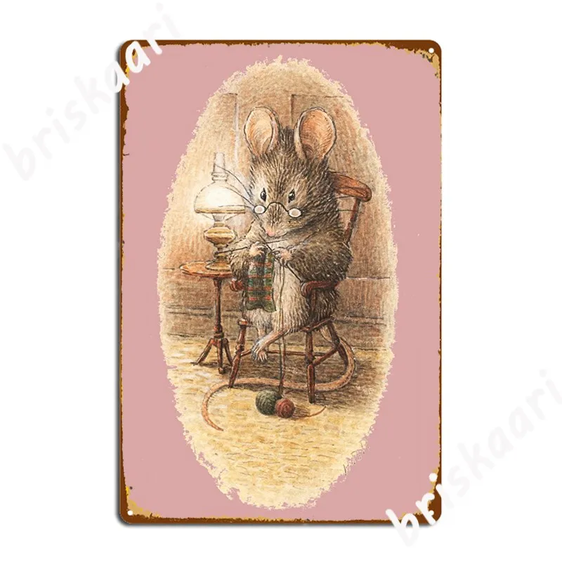 Knitting Mouse Beatrix Potter Metal Sign Club Party Mural Retro Painting Décor Tin Sign Poster