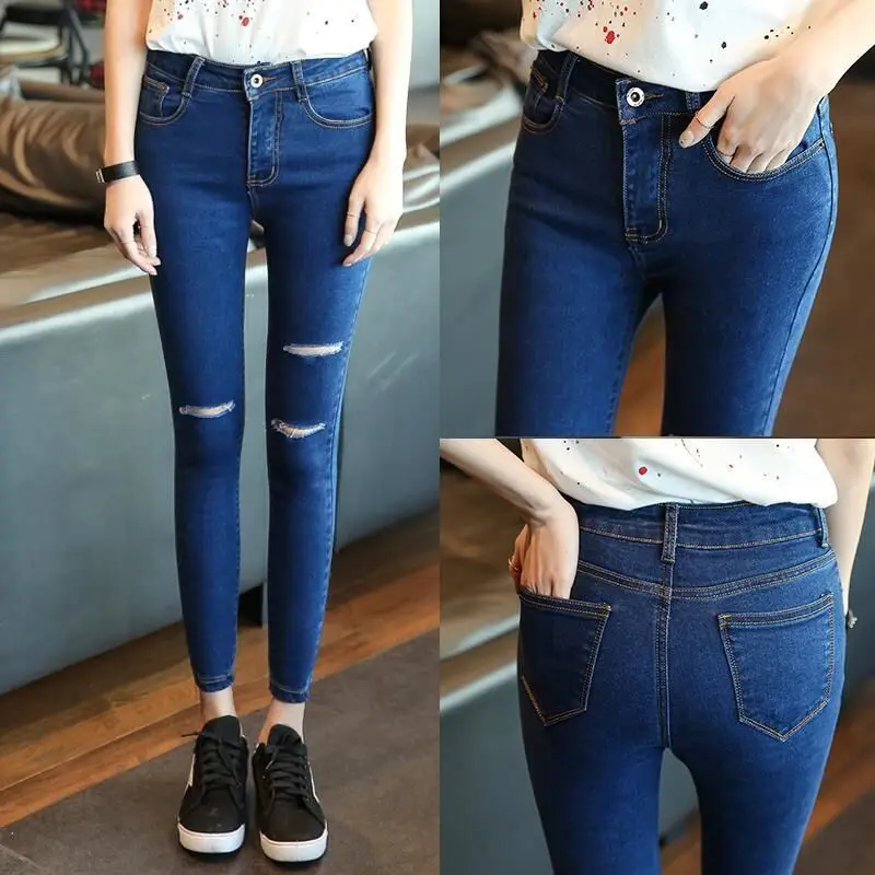 High Waist Ripped Skinny Jeans Women's New Style Korean Version Casual Cotton Stretch Denim Pure Color Slimming Pencil Pants