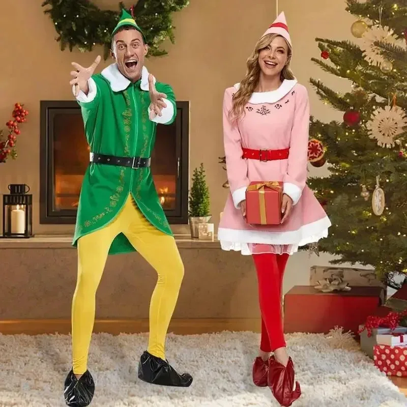 

Мужской и женский бархатный рождественский карнавальный костюм для пары, униформа Санта-Клауса, зеленый рождественский костюм эльфа, зимнее сексуальное нарядное праздничное платье fk, f';1