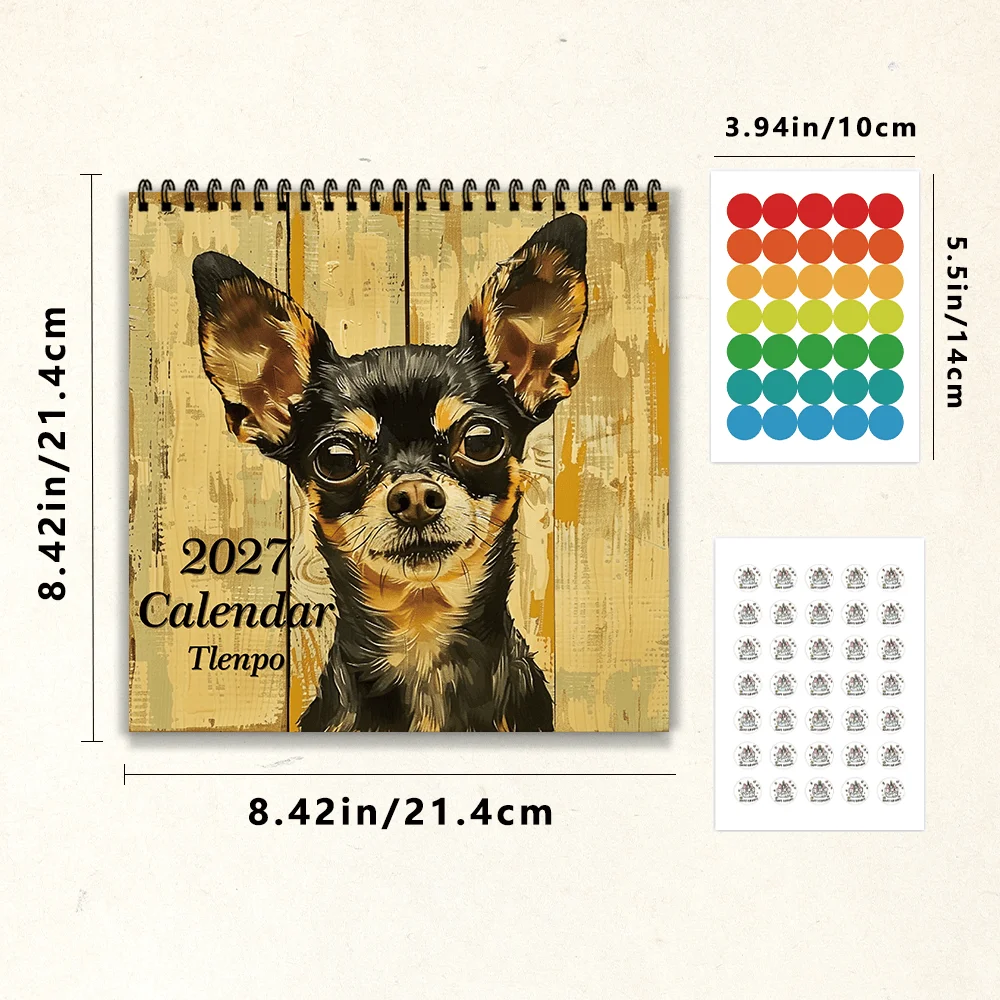 1pc 2027 Wooden Dog Painting Wall Calendar,12‑Month Planner,Gift For Back‑to‑School,Christmas,New Year,Free Stickers Included