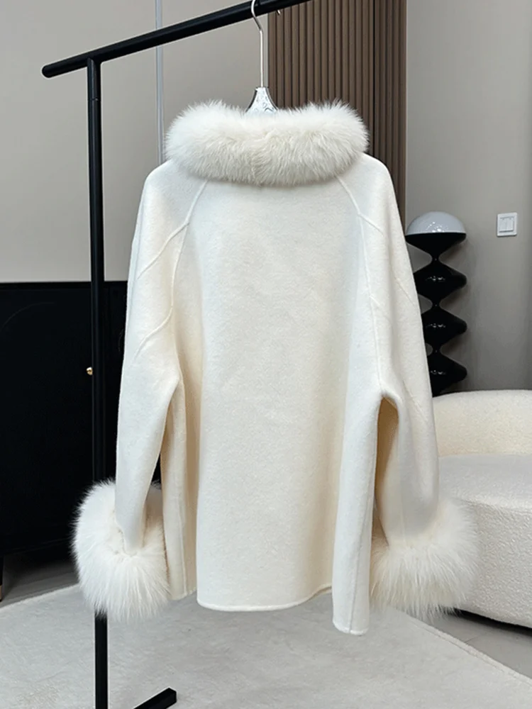 2025 novo outono inverno feminino real gola de pele de raposa manguito casaco de lã capa cashmere jaqueta quente luxo grosso casacos femininos