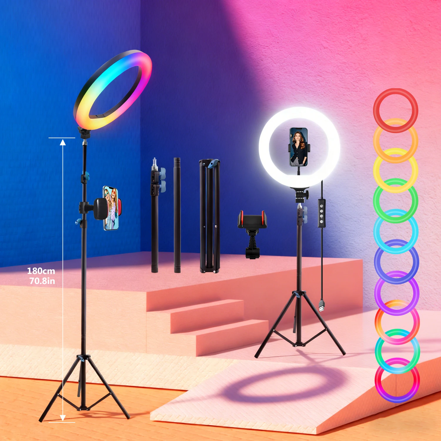 

Professional 10 inch RGB Ring Light & 180cm Dismountable Tripod for Video Recording, 101 Color Modes, Quick Installation