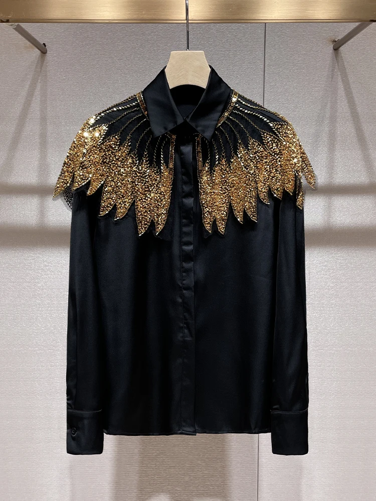 

Niche 2025 spring new temperament socialite sequin nailed beaded cape design shirt polo shirts