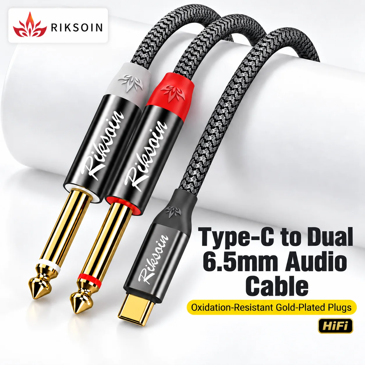 Riksoin USB C to Dual 6.35mm Hi-Fi Audio Cable, Type-C to 2 X 1/4' TS Splitter Cord for MacBook, Galaxy, Mixer, Amp and Speaker