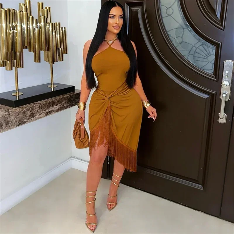 Effen elegante kwastje feestjurken dames nachtclub halter backless strapless mouwloze gedrapeerde onregelmatige sexy bodycon-jurk
