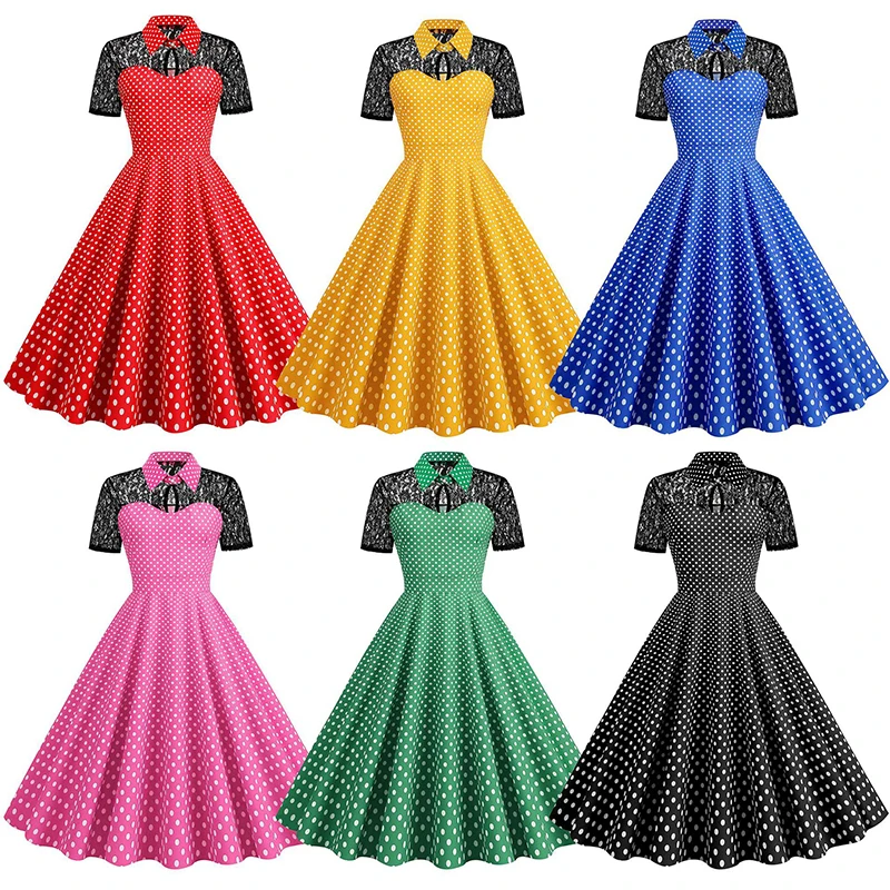 À pois imprimé Vintage grande Robe trapèze femmes rétro années 50 60 Swing Pin Up Rockabilly Cocktail Robe mi-longue Robe robes