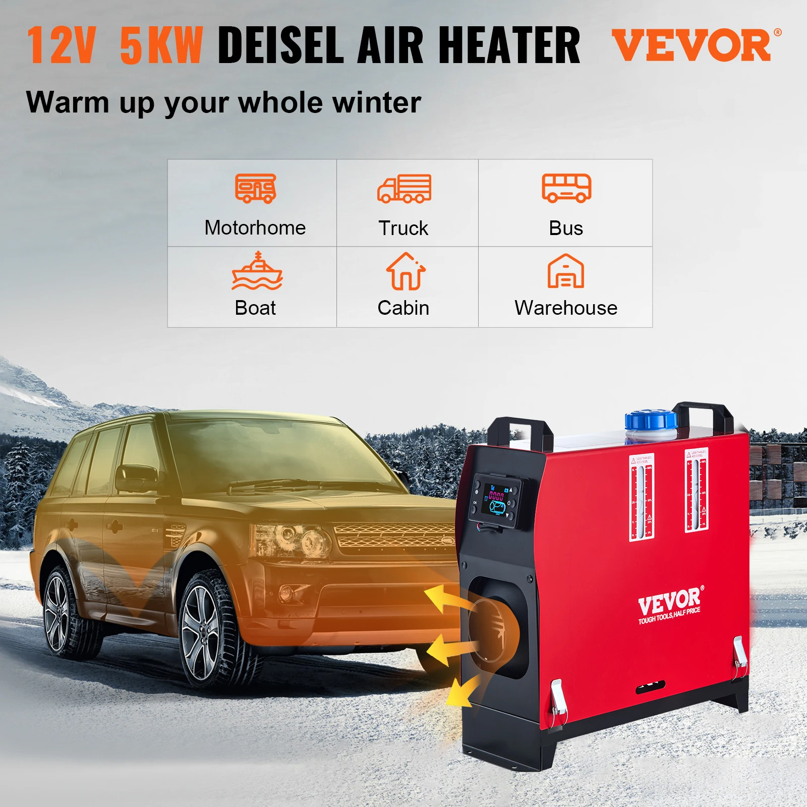 VEVOR 5KW Diesel Air Heater All in One 12V Diesel Parking Heater Silencer Diesel Heater w/Remote Control & LCD Switch for RV Bus