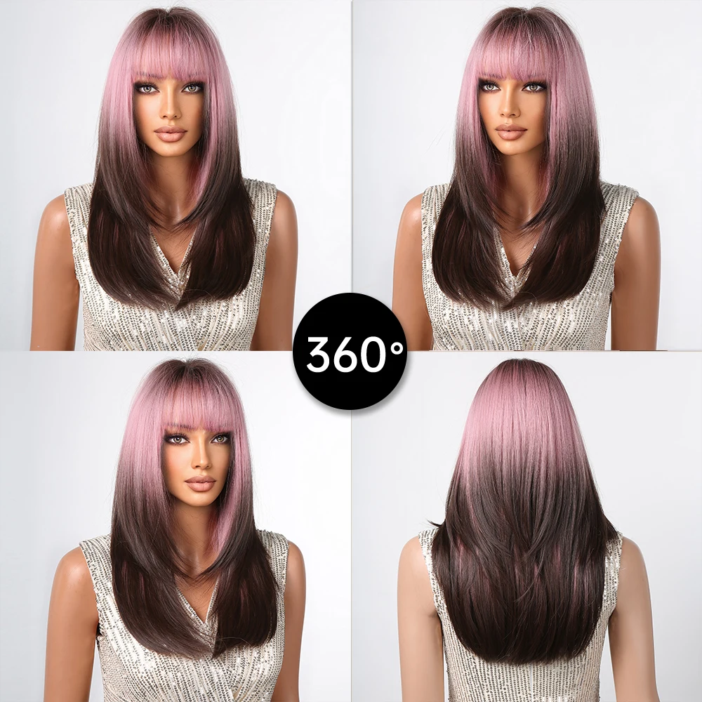 Pink Purple to Black Ombre Straight Medium Length Synthetic Wigs for Women with Bang Daily Cosplay Party Heat Resistant Hair Wig