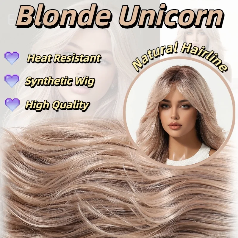 Element Rose Gold Synthetic Wig for Women Pink Ombre Long Wavy with Curtain Bangs for Women Heat Resistant Hair for Daily Party