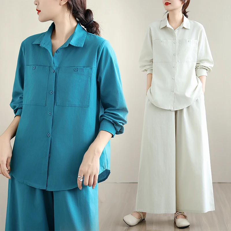 

Модный льняной комплект: новый весенний стиль, повседневный кардиган, топ и брюки с широкими штанинами, комплект из двух предметов, антивозрастная женская одежда