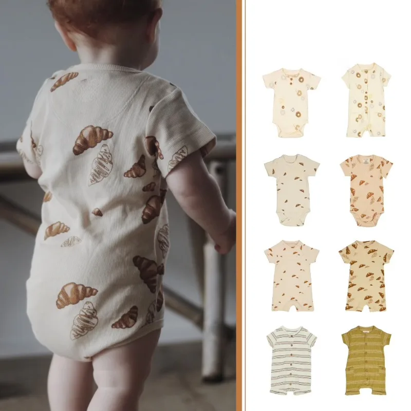 

Летний новый комбинезон из органического хлопка с коротким рукавом для малышей (мальчиков и девочек) с милым принтом «Круассан»