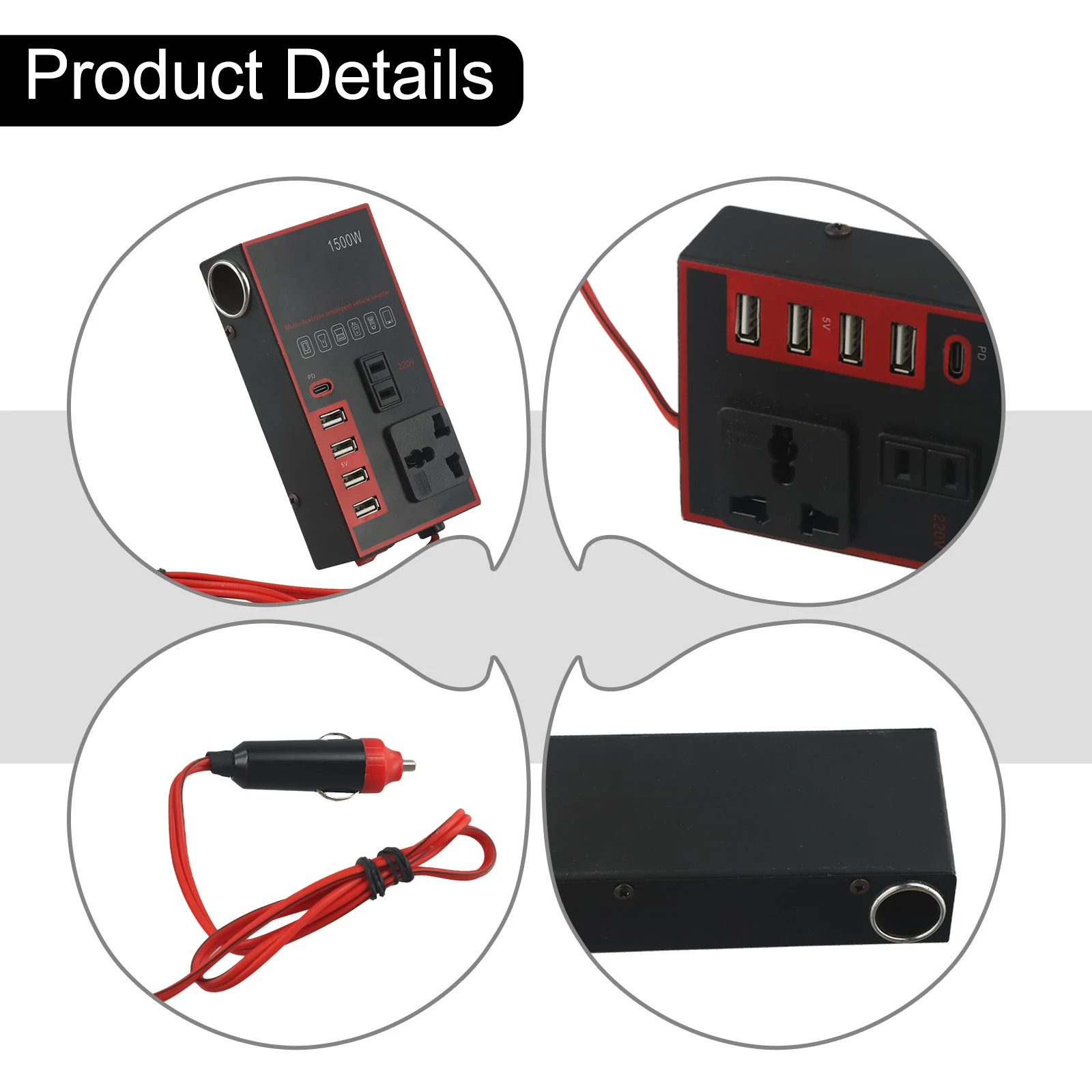 DC To AC Converter 80CM Cable Length 12V 24V To DC 220V Converter Smart Display Stable Current Smart Automatic Power-off