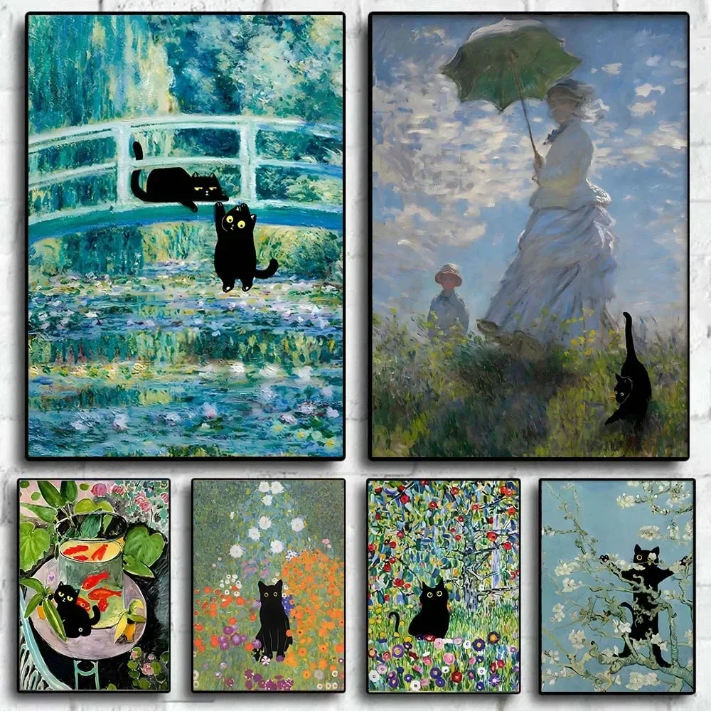Monet's Works Collection Water Lily Woman Holding A Parasol Black Cat Canvas Oil Painting Print Poster Wall Art Home Decor Mural