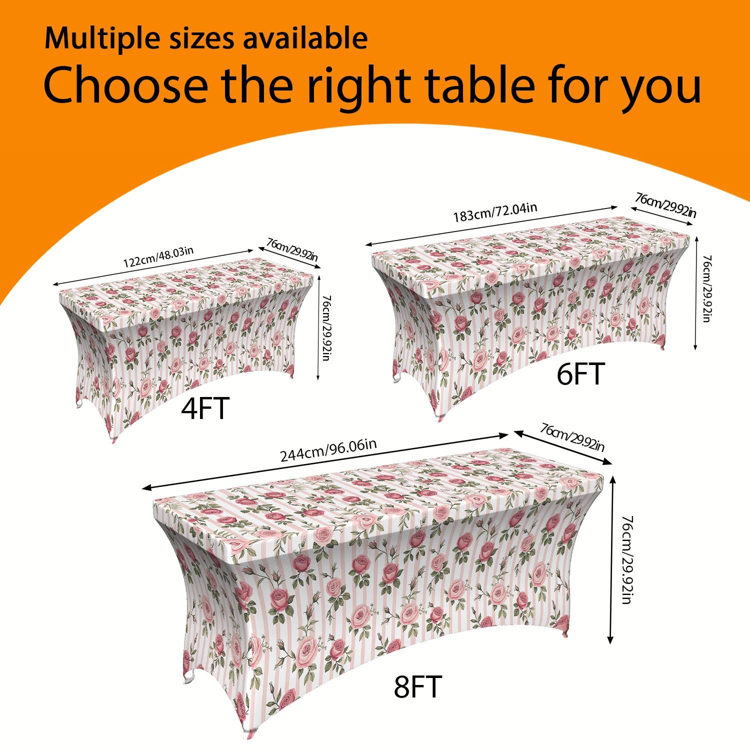 1PC Romantic Pink Rose Floral Printed Elastic Tablecloth, 4/6/8FT Summer Outdoor Stretchable Rectangular Table