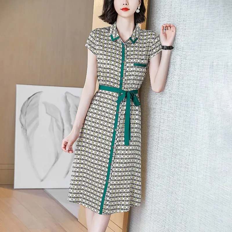 

Summer Casual Fashion Printing Slim Turn-down Collar Short Sleeve Elegant Dress Ladies Temperament Patchwork Midi Dress Women's