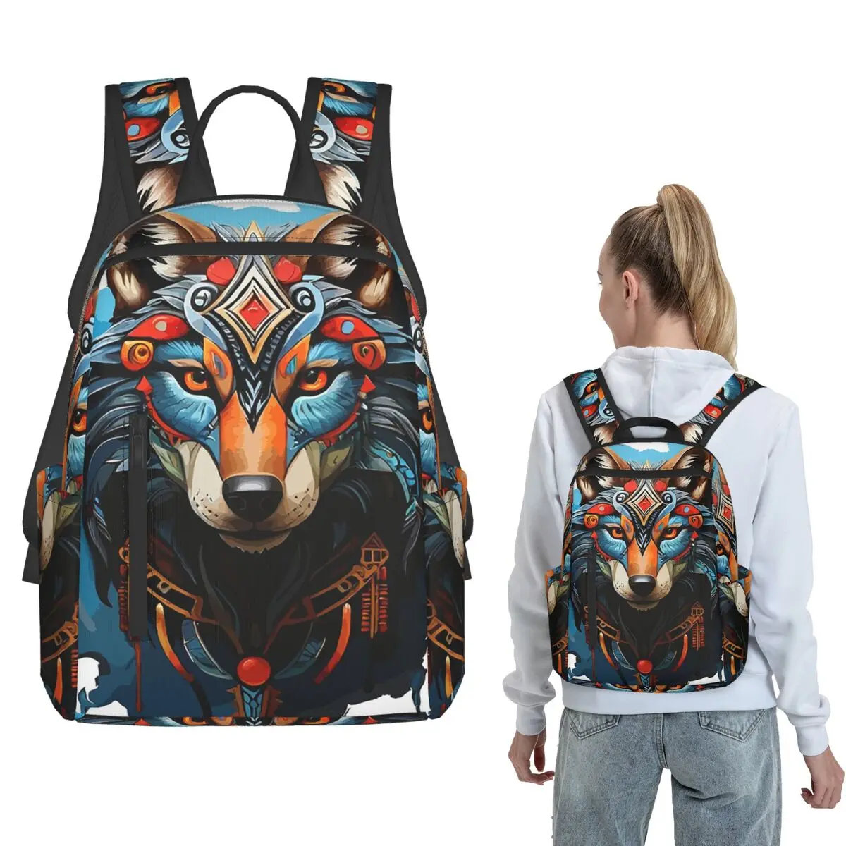 Dreamy Ethnic Style Wolf Backpack Daypack Boys Girls BookBag School Bag Shoulder Bags for Men Women