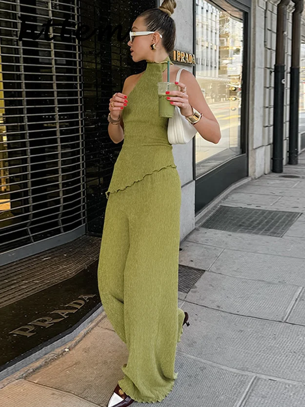 

Street Halter Vest Pants Sets Women Irregular Slim Sleeveless Top Wide Leg Trousers 2025 Spring Summer Lady Casual Outfits