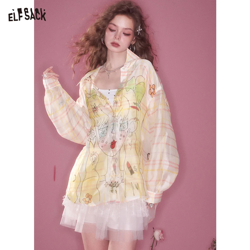 

ELFSACK 2025 Summer New Arrival Sweet Cool Y2K Original Anime Printed Checkered Light Loose Women's Shirt