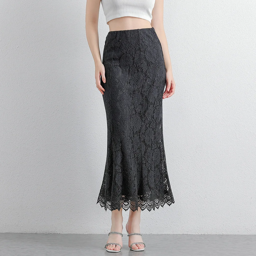 

Bla Lace Hollow out Sequin f Skirt Women's Sle High Waist Slimming Long Fi Tail Skirt Cotton Material Busin Casual
