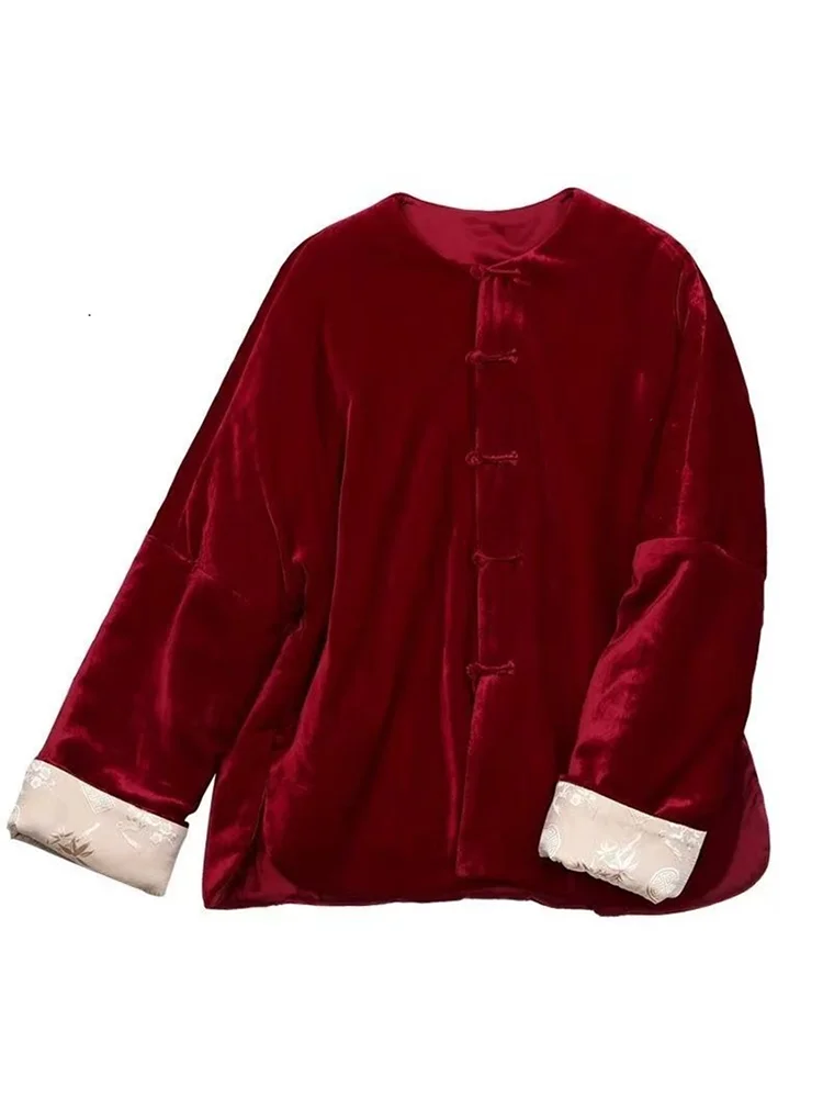Chaqueta de Invierno de Terciopelo Estilo Chino Nuevo, Chaqueta de Aodón para Mujer, Estilo Artístico Retro Tang, Ropa Exte...