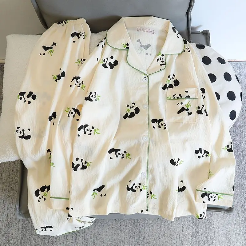 Cherries Print Two Pieces Pajamas Set Autumn Faux Cotton Pajamas Korean Fashion Home Clothes Ladies Pants and Top Set Pijamas