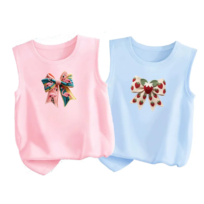 2026 Little Girls Summer Breathable Tank Tops Strawberry Bowknot Print T-Shirt Kids Casual Sleeveless Vest Tees