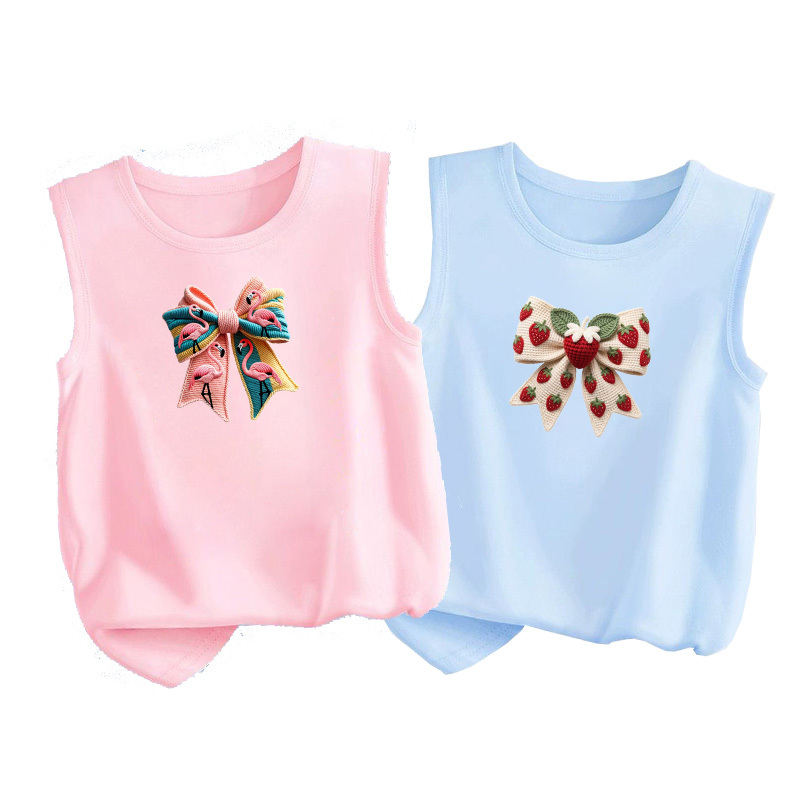  2026 Little Girls Summer Breathable Tank Tops Strawberry Bowknot Print T-Shirt Kids Casual Sleeveless Vest Tees 