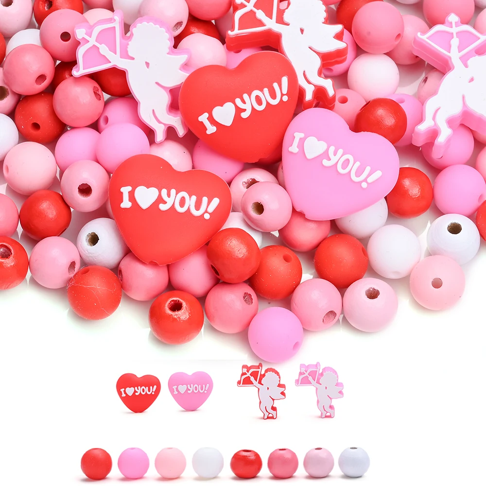 84Pcs Valentine's Day Silicone Beads Set Cupid Shaped Love Beads Holiday Gift Decorations for Diy Phone Chain Bracelet Lanyard