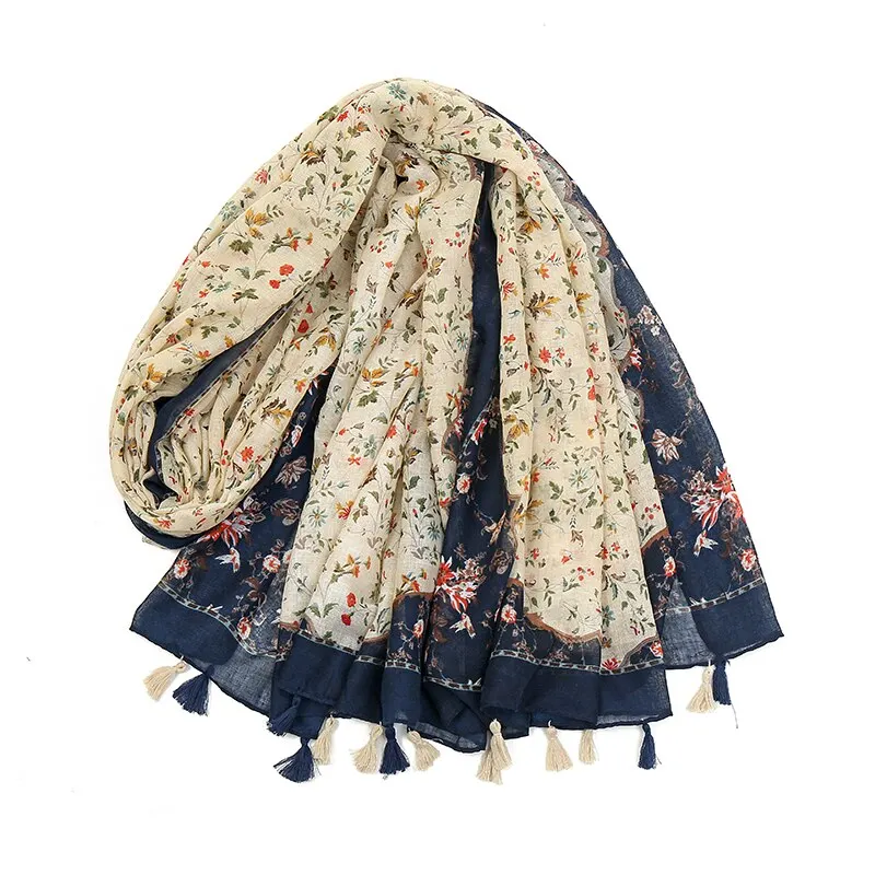 Printed Floral Cotton Tassel Scarf Viscose Shawls For Woman Summer Beach Long Muffler Fashion Muslim Headband 185*90cm