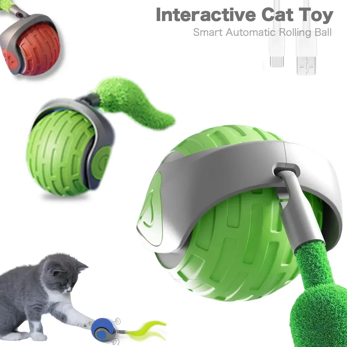 Smart Electric Interactive Cat Toy Kitty Training Auto Rolling Ball Self-moving with Long Tail Teaser Rechargeable Toys for Cats