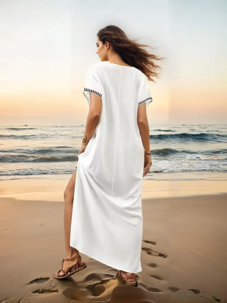 Kaftan Dresses for Women Floral Embroidery Bathing Suit Cover Up V Neck Caftan Swimsuit Coverup
