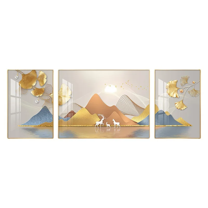 

background wall decoration simple atmosphere light luxury decorative painting sofa hanging painting golden elk triptych