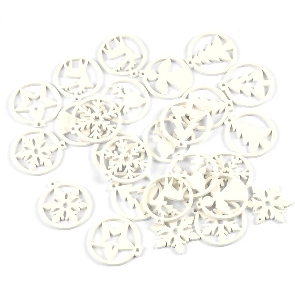 30Pcs Christmas Round White Snowflake Tree Angel Wooden Pendant Hanging Oranments DIY Handmade Supplies Xmas Home Party Decor