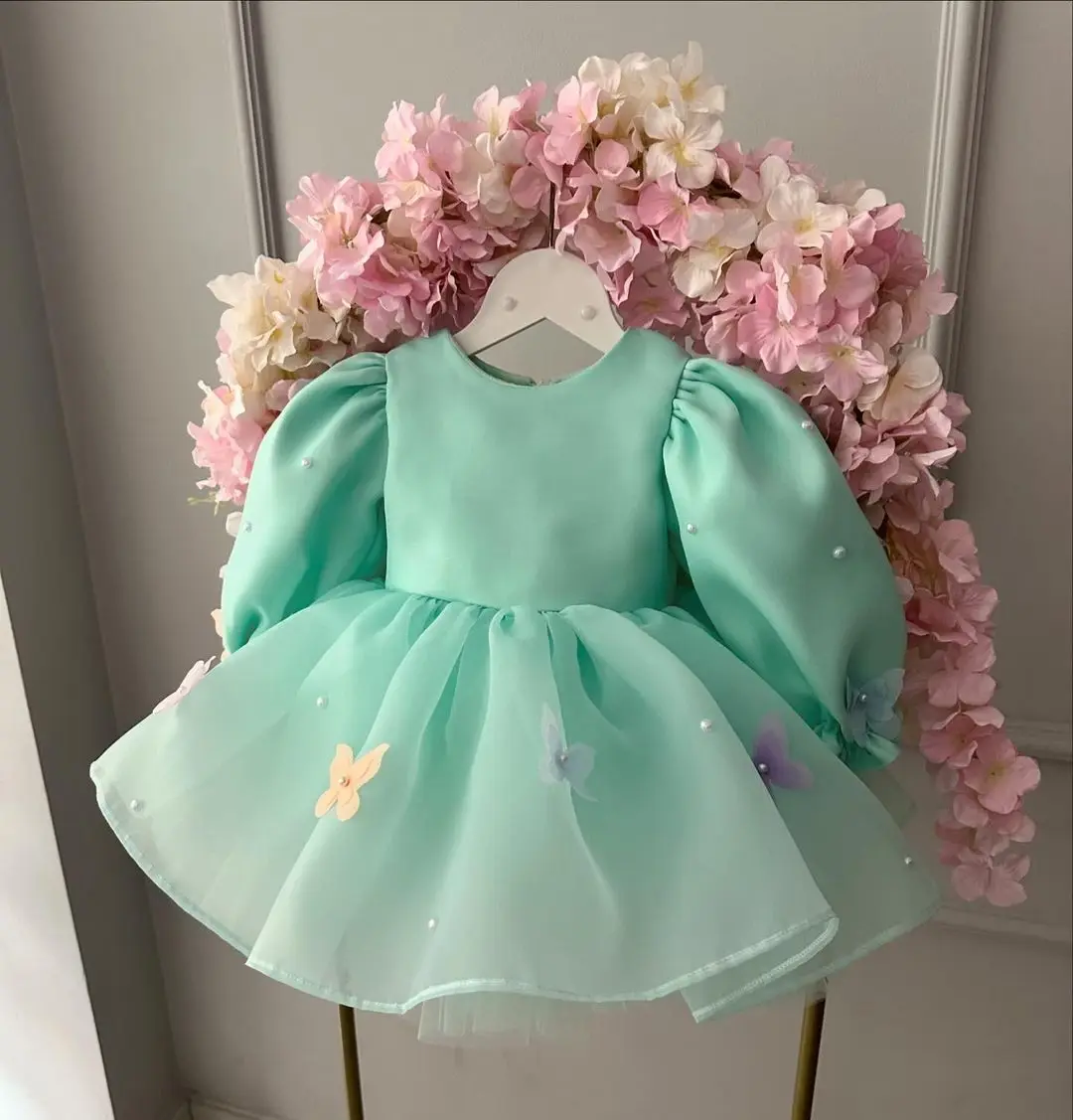 Green Flower Girl Dress for Wedding Puffy Full Sleeves Pearls Princess Kids Baby Birthday Party First Communion Ball Gown 2024