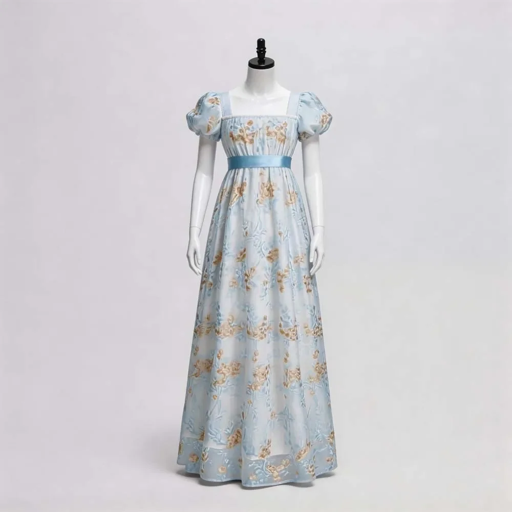 Vestido de Té Estilo Regency Vintage Europeo, Cuello Cuadrado, Manga Corta Abullonada, Estampado Floral, Vestido Largo Imperial de Cosplay con Cinturón