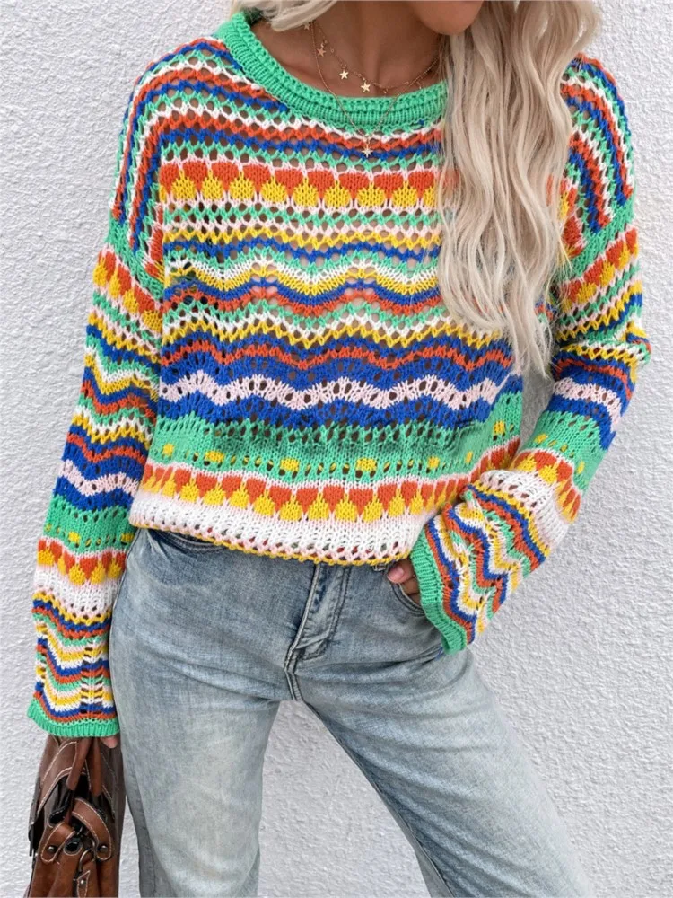 

Autumn Winter New Women Patchwork Loose Inter-Color Rainbow O Neck Striped Print Sweater Ladies Fashion Casual Knitting Sweater