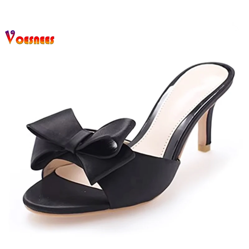 Sweet Mule Women Slippe Silk Butterfly Knot Mules Slip-on Kitten Heels Slippers Satin Dress Causal Outdoor Sandals Shoes femme