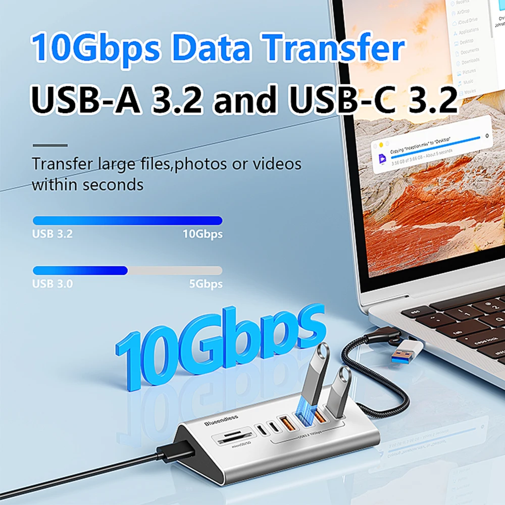 KEBIDUMEI USB 3.2 HUB 10Gbps 8 Port Docking Station USB-C 3.2 Splitter PD 15W Data Transfer Adapter SD TF 3.0 Card Reader For PC