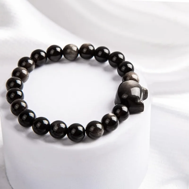 Money Attraction Cat Bracelet Black Obsidian Wealth Prosperity Abundance Stone Bead Bracelets  for Women Men Gifts