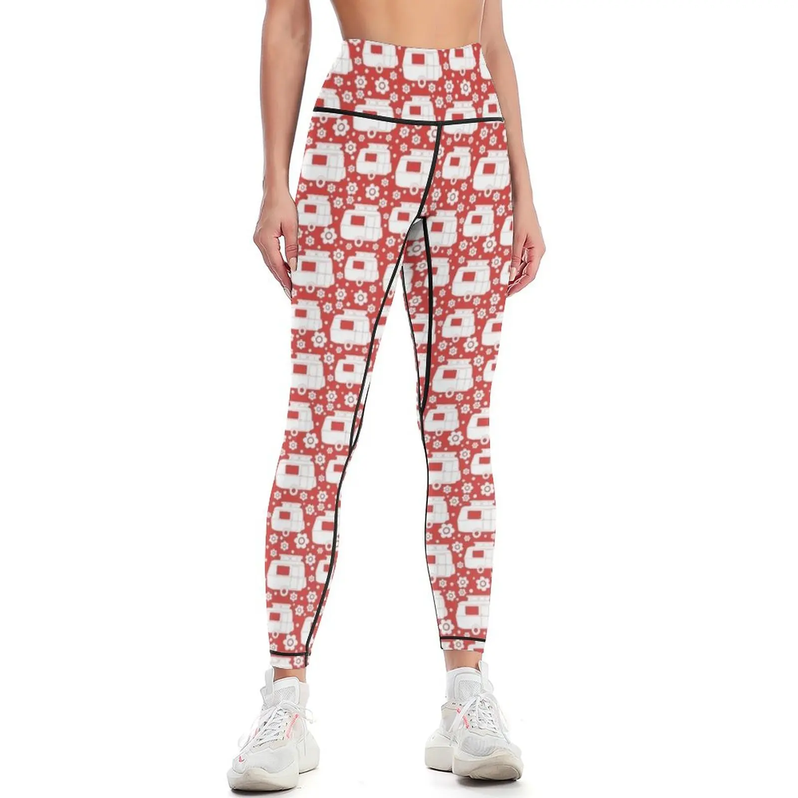 

Daisy Polka Dot Vintage Caravan Pattern in Red and White Leggings fitness set gym Sportswear woman gym Womens Leggings