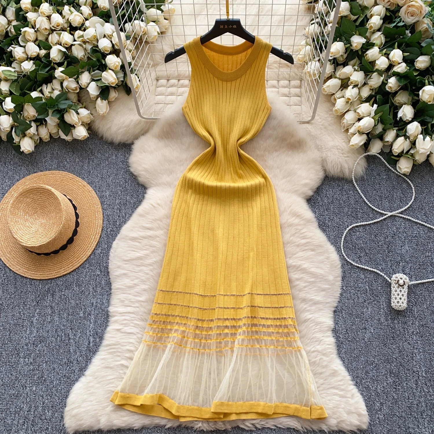 REALEFT ฤดูร้อนตาข่าย Patchwork ผู้หญิงถักชุด 2025 แขนกุด O-คอลําลองหลวมเสื้อ A-Line ชุดยาวหญิง